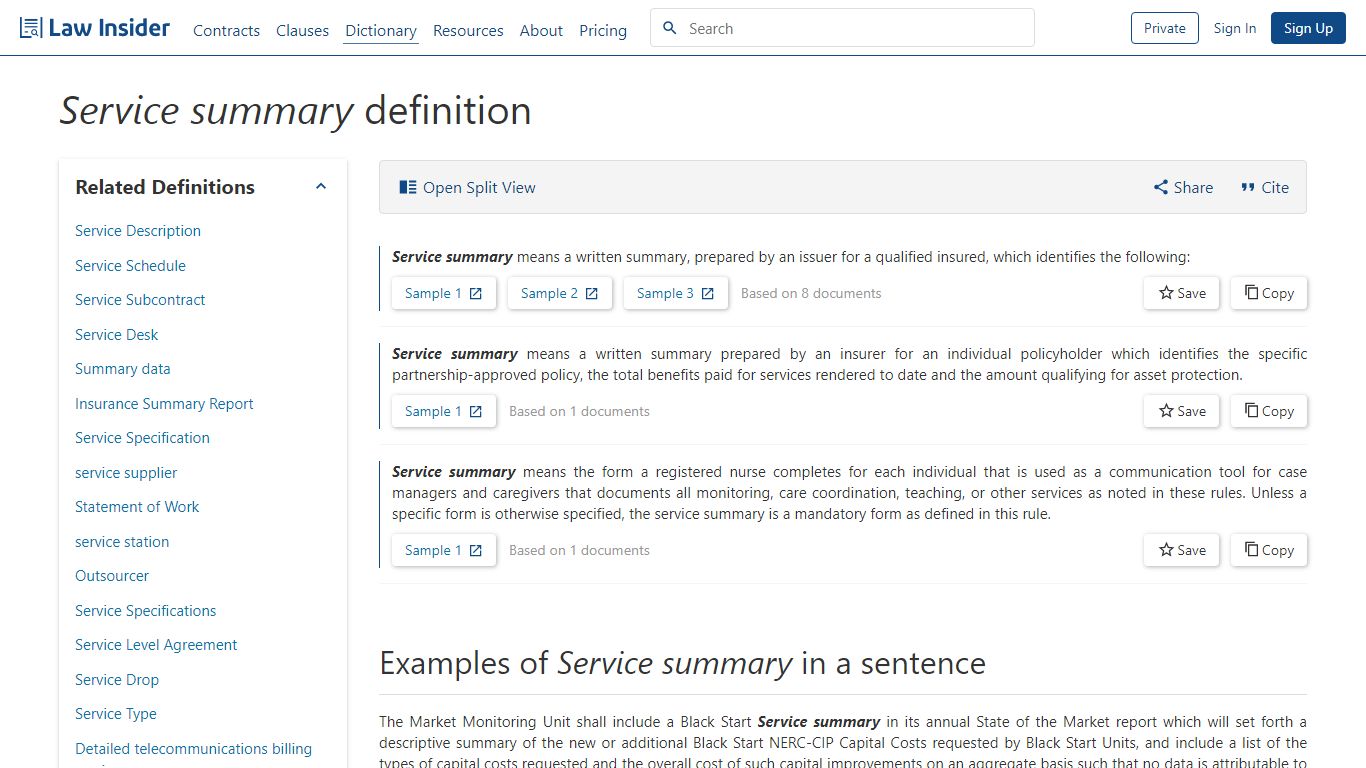 Service summary Definition | Law Insider